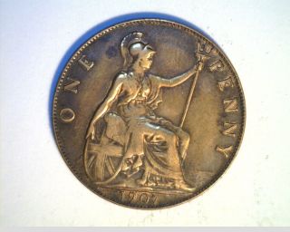 1907 Great Britian Large Penny,  Bronze Coin,  (uk - 182) photo