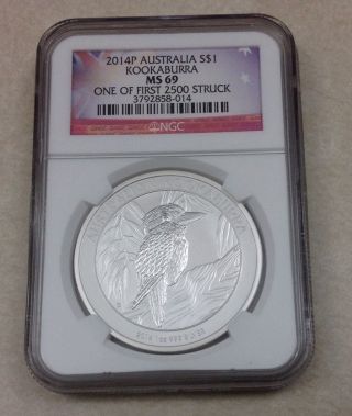 2014 - P Australia Silver $1 Ngc Ms69 Kookaburra - One Of First 2500 Struck Label photo