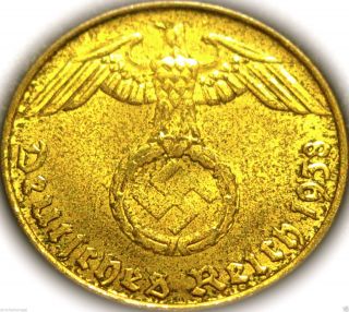 Germany - German 3rd Reich - German 1938e Gold Colored 5 Reichspfennig Coin Ww2 photo