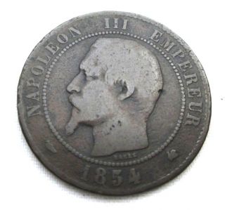 1854k 10 Centimes Coin Bronze Circ.  French 2nd Empire Napoleon Iii Km771.  5. photo