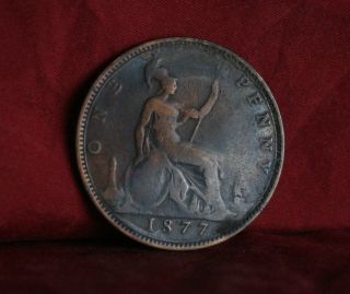 1877 Great Britain 1 Penny Bronze World Coin Britania Seated Km755 Uk England photo