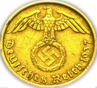 Germany - German 3rd Reich - German 1937a Gold Colored 5 Reichspfennig Coin - Ww2 photo