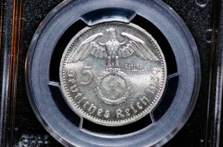 Germany,  Third Reich 5 Reichsmark,  1939 - A Swastika - Hindenburg Pcgs Ms 62 Silver photo