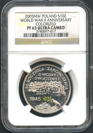 2005mw Poland Silver Colorized 10 Zloty 60th Ann.  Wwii Ngc Pf - 63 Ultra Cameo photo