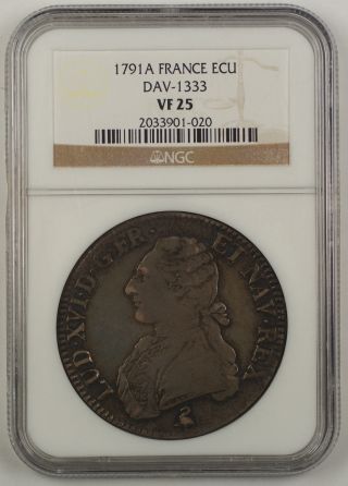 1791 - A France Ecu Silver Coin Dav - 1333 Louis Xvi Paris Ngc Vf - 25 Akr photo