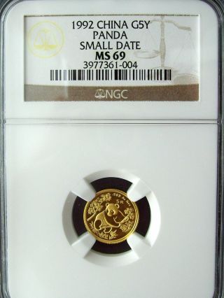 1992 China Panda 5 Yuan Small Date Ngc Ms69 1/20 Ounce Gold Coin photo