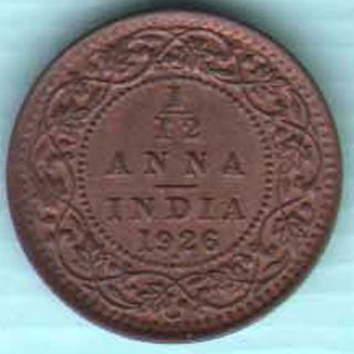 British India - 1926 - 1/12 Anna - Kg V - Rare Coin W - 93 photo