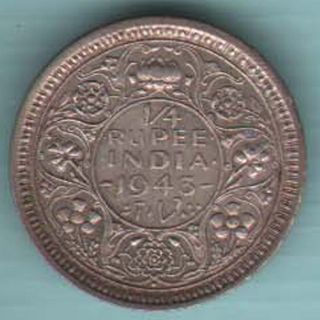 British India - 1943 - 1/4 Rupee - Bombay - Kg Vi - Rare Silver Coin W - 91 photo