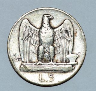5 Lire 1928 R Italian Silver Coin Vittorio Emanuele Iii photo