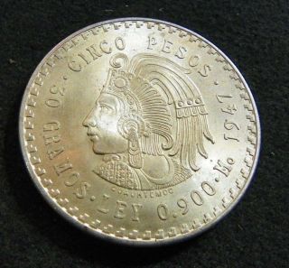 1947 Silver Mexico 5 Peso 30 Gm.  900 Light Toning Great Shape photo