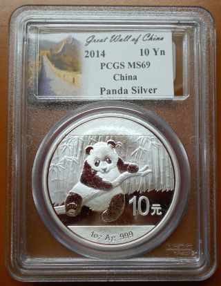 2014 People ' S Republic Of China 10 Yuan Silver Panda - Pcgs Ms 69 - Great Wall photo