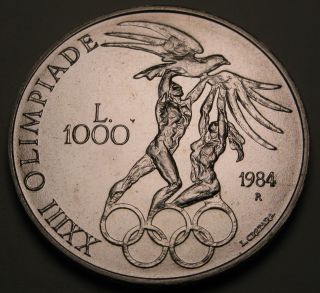 San Marino 1000 Lire 1984r - Silver - 1984 Summer Olympics - Aunc 1090 photo