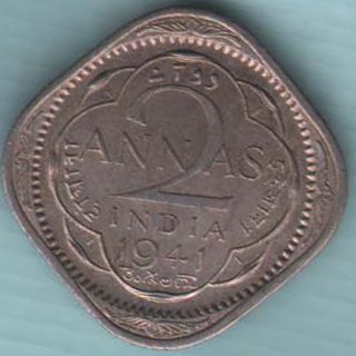 British India - 1941 - Two Annas - - Kg Vi - Rare Coin W - 52 photo