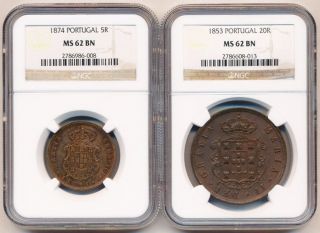 Exclnt 1874,  1853 Portugal 5 & 20 Reis (ngc Ms62 Beauties) No Rsrv photo