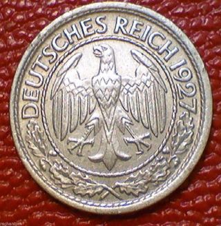 Old World Coin 1927 A Weimar Republic Germany 50 Reichs Pfennig Dd22 photo