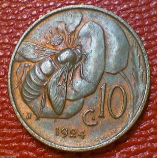 Old World Coin 1924 R Italy 10 Cestesimi Honey Bee Au/unc Dd24 photo