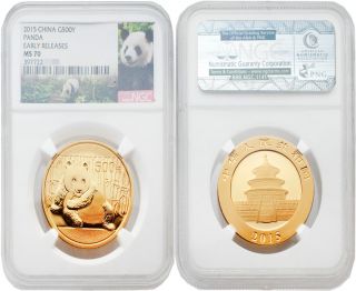 China 2015 Panda 500 Yuan Early Releases 1 Oz Gold Ngc Ms70 photo