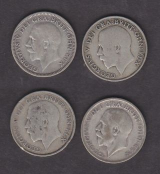 Four British Kgv Shillings,  Circulated And Worn,  1920,  1921 X2,  1936. photo