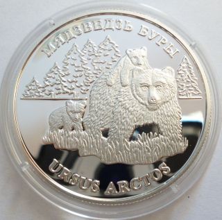 Belarus 20 Roubles 2002 Brown Bear With Cubs Silver Proof Endangered Wildlife photo