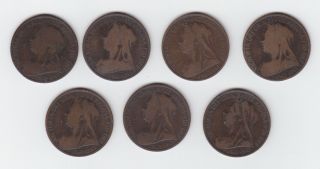 Seven British ' Old Head ' Victorian Pennies,  Circulated And Worn,  1895 - 1901. photo