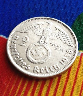 Wwii German 2 Mark Silver Coin 1938 B Third Reich Swastika Reichsmark 5 Star photo