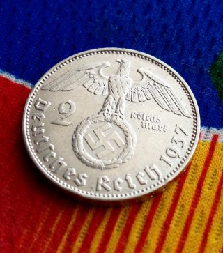 Wwii German 2 Mark Silver Coin 1937 J Third Reich Swastika Reichsmark 5 Star photo