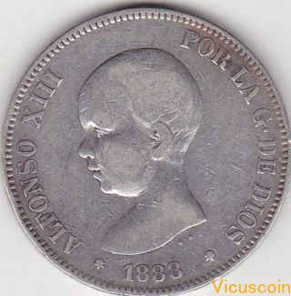 1888 Mpm - Spain - 5 Pesetas Spanish Silver Crown - King Alfonso Xiii photo