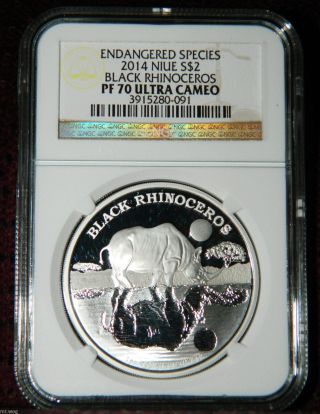 2014 Niue $2 Endangered Species - Black Rhinoceros Proof Silver Coin Ngc Pf70 Uc photo