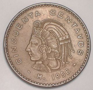 1956 Mexico Mexican 50 Centavos Cuauhtomec Eagle Snake Coin Vf photo