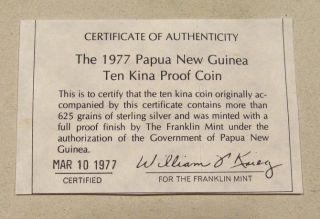 Signed Certificate Of Authenticity For 10 Kina (1977) Proof Coin Papua Guinea photo