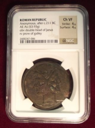 Roman Republic After C.  211 Bc Ae As Obv Double - Head Of Janus Ngc Vf Ancient photo