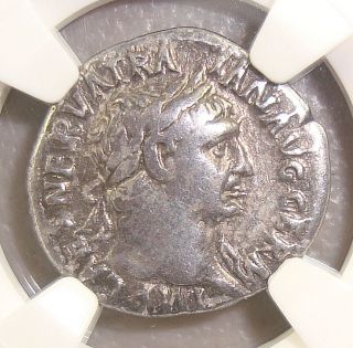 98 - 117 Ad Trajan,  Hercules Reverse Ancient Roman Silver Denarius Ngc F 5/5 2/5 photo