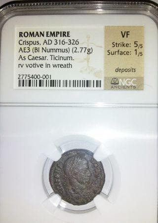 Ngc Vf Roman Empire Crispus 316 - 326 Ad,  Ae3 Bi Nummus,  Caesar,  Ticinum In Wreath photo