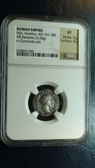 Roman Empire Ngc Vf Marcus Aurelius Denarius Ad 161 - 180 Ancient Silver Coin photo
