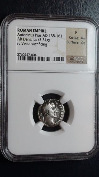 Roman Empire Ngc F Antonius Pius Ad 138 - 161 Denarius Ancient Silver Coin photo