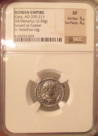 Roman Empire Geta 209 - 211 Silver Ngc Xf Rome Denarius Issued As Caesar Nobilitas photo