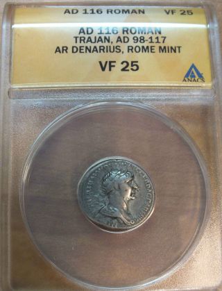 Trajan Ad 116 Ar Denarius Anacs Vf25 photo