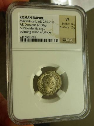 235 Ad Ngc Vf Silver Roman Empire,  Maximinus Denarius Ancient Coin Rev Globe photo