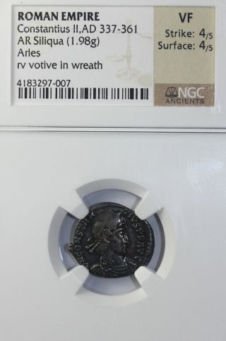 Constantius Ii Ar Siliqua Arles Ngc Graded Vf Silver Ancient Roman Silver Coin photo