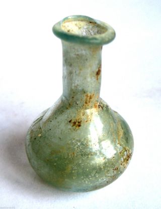 Circa.  100 A.  D British Found Roman Period Green Glass Bottle.  Vf photo