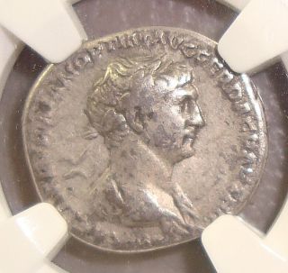 98 - 117 Ad Trajan Ancient Roman Silver Denarius Ngc F 5/5 3/5 photo