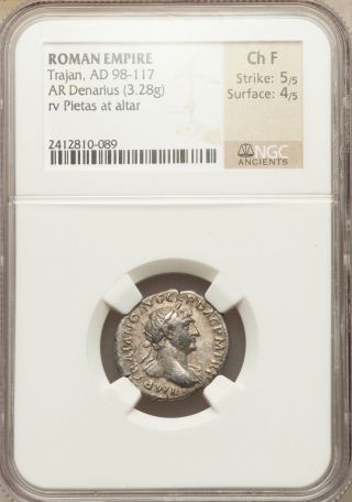 Roman Empire Trajan Denarius Ad 98 - 117 Ngc Ch F 5/5 4/5 Rev Pietas At Altar photo