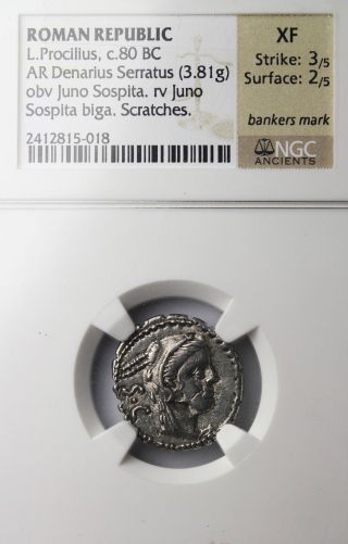 L.  Procilius 80 Bc Ar Serrate Denarius Ngc Xf Ancient Roman Republic Coin photo