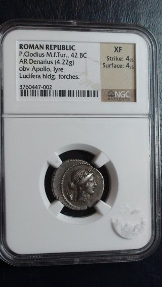 Roman Empire Ngc Xf P.  Clodius Apollo 42 Bc Ar Denarius Ancient Silver Coin photo