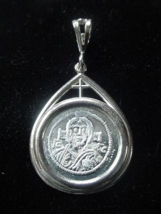 Christ First Coined Image Byzantine Solid Silver Coin Pendant With Cross Pendant photo