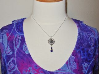 Ancient Biblical Widows Mite Judean Coin Pendant Necklace W Blue Agate photo
