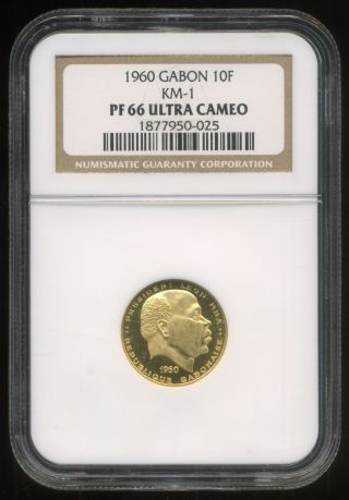 1960 Gabon 10 Francs Gold Proof Coin,  Ngc Pf - 66 With Ultra Cameo, photo