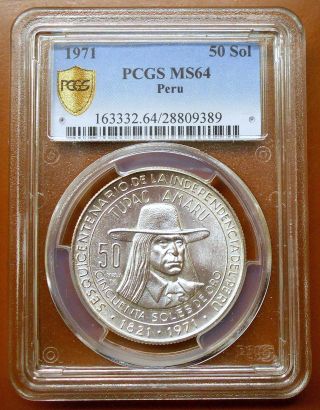 1971 Peru Silver 50 Sol Coin - Tupac Amaru - Pcgs Graded Ms 64 photo