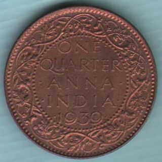 British India - 1939 - One Quarter Anna - Kg Vi - Rare Coin Z - 65 photo