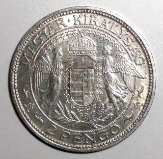 1938 - Bp Hungary 2 Pengo,  Madonna With Child,  Angels,  Silver Coin photo